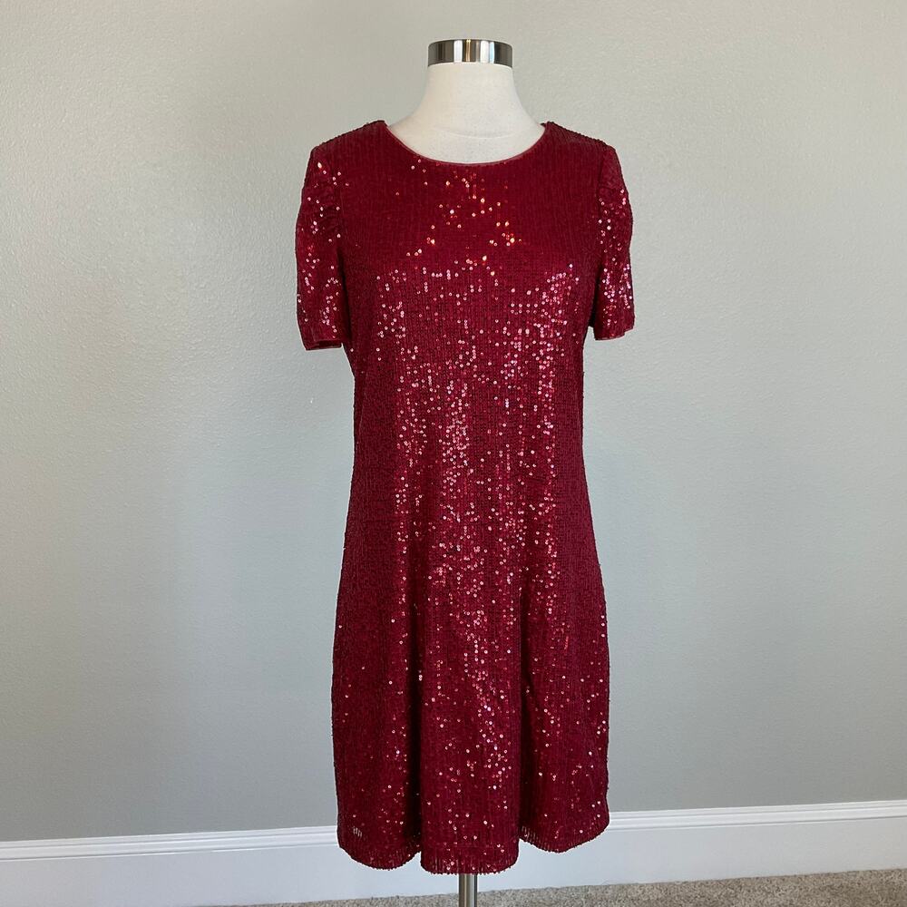 DKNY Red Cocktail Dress Sequined Short Sleeve Scoop Neck Mini Shift Size 8 - Picture 2 of 10